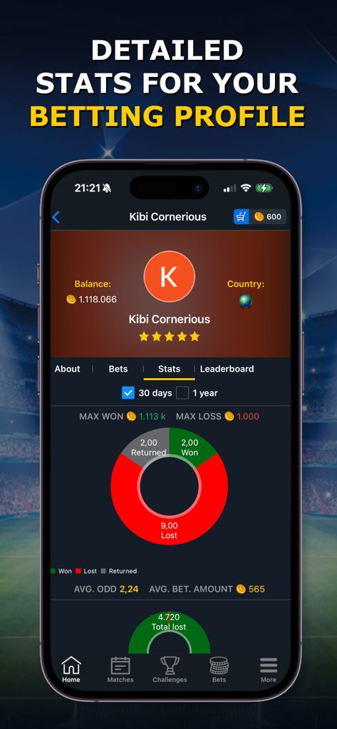 Bet Up - Sports Betting Game - Tela detalhada de estatísticas do perfil de apostas no jogo de apostas esportivas Bet Up, mostrando a proporção de vitórias/derrotas e o saldo