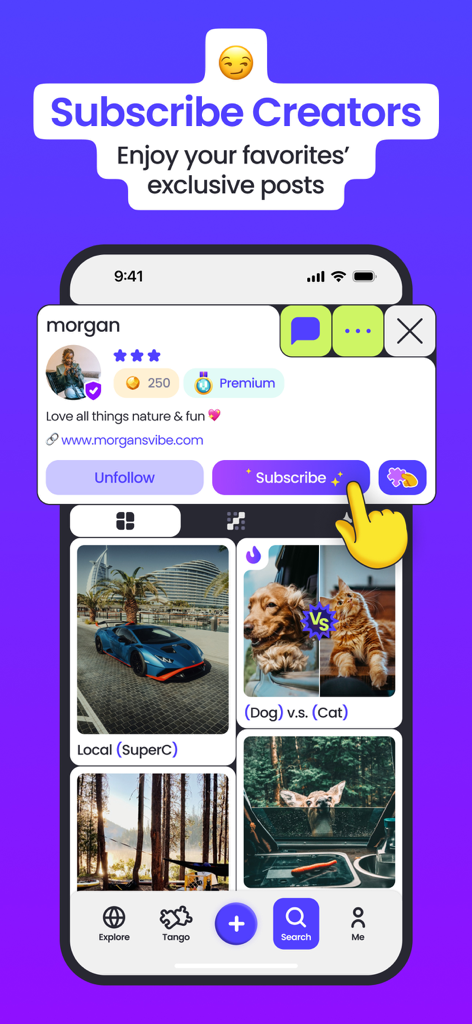 Una captura de pantalla de la interfaz de la aplicación Viberse que muestra un perfil de creador con un botón de suscripción para contenido exclusivo.