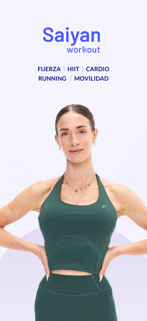 Saiyan Workout - Entrenamiento - Saiyan Workout app display featuring training types like strength HIIT and cardio with a fitness coach