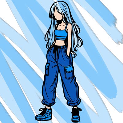 girl in baggy pants crop top and long hair