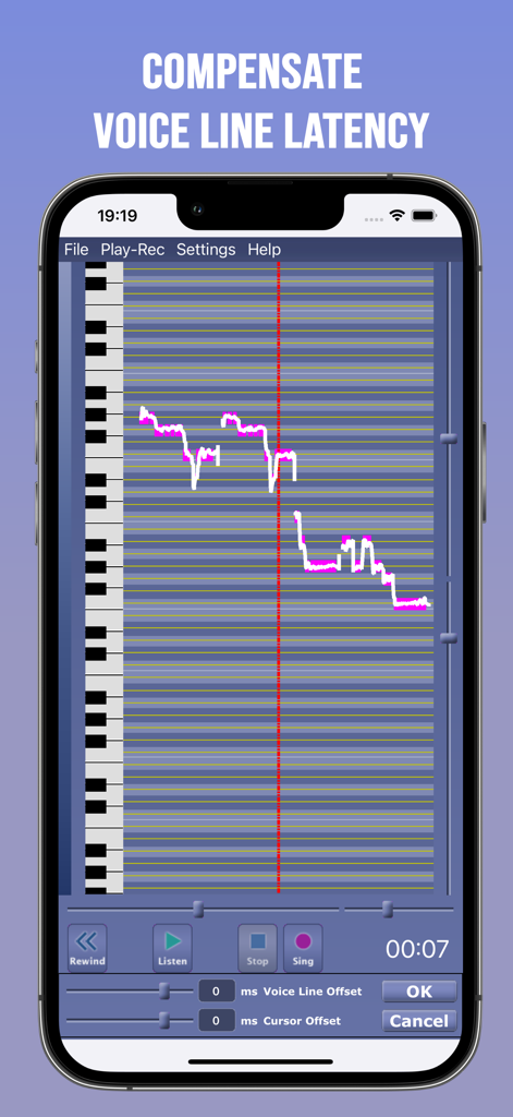 Singing Tutor - Interfaz de Tutor de Canto para ajustar la latencia de la línea vocal y el desplazamiento del cursor para garantizar una retroalimentación de afinación precisa
