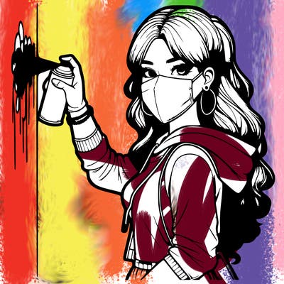 realistic girl with mask spray painting a wall