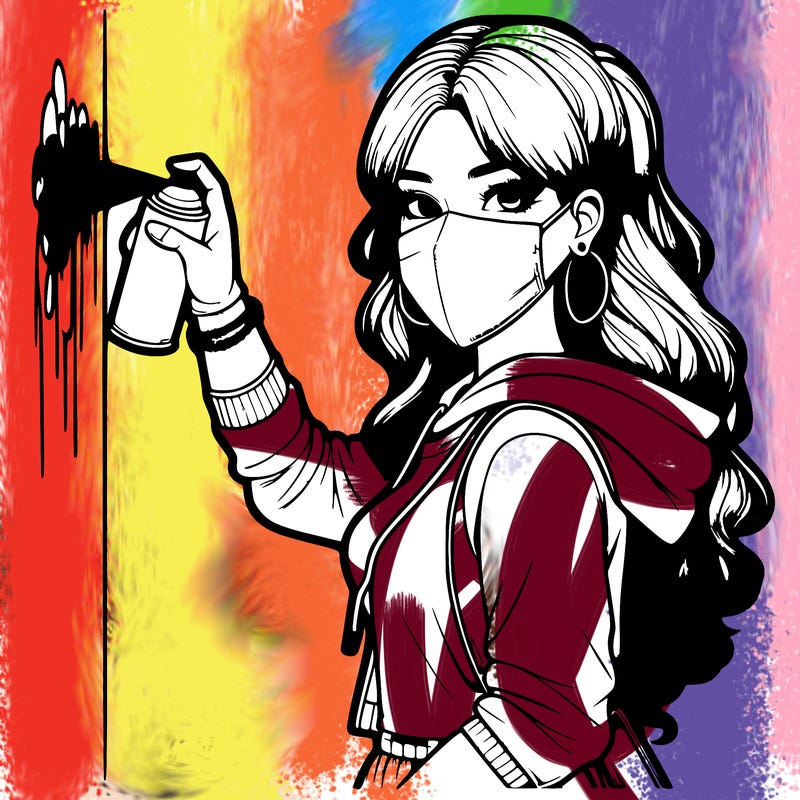 realistic girl with mask spray painting a wall