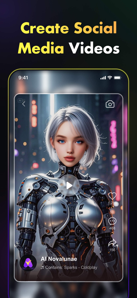 Visto: AI Video Photo Creator - An AI-generated social media video featuring a woman in a futuristic cyberpunk suit created with the Visto app