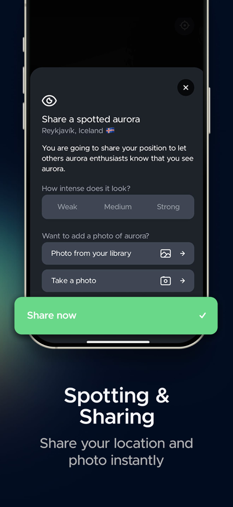 Interface d'application mobile pour le partage des observations et des photos d'aurores boréales en direct