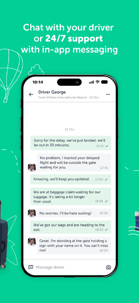 Chat dentro de la aplicación entre un viajero y un conductor en la aplicación Welcome Pickups.