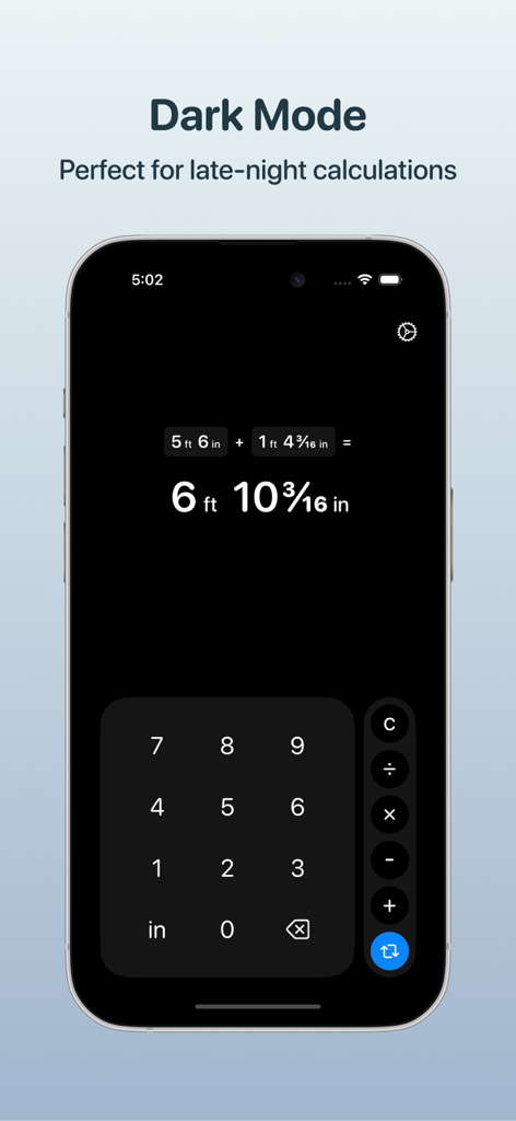 Foots feet and inches calculator interface in dark mode