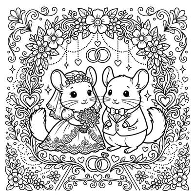 Step into a world of charm with this exquisite Chinchilla Wedding coloring page, featuring an adorable chinchilla bride and groom on their special day. This delightful illustration is framed by intricate floral patterns and romantic wedding rings, perfect for celebrating love with your favorite colors.