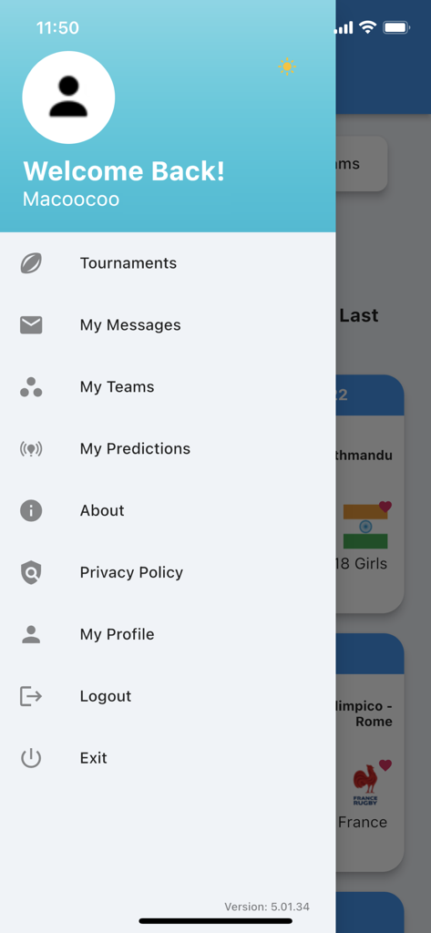 Menú de navegación lateral de la aplicación Visor de Torneos Macoocoo con enlaces para torneos, mensajes, equipos y configuración de perfil.