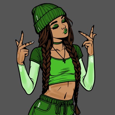 realistic teenage girl with braids and a beanie and crop top doing 🫶🏼