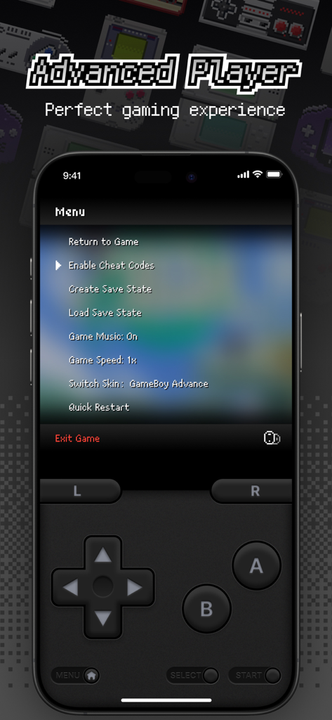 Menu avanzato del giocatore nell'emulatore MON che mostra codici cheat e opzioni di salvataggio con skin per controller retrò