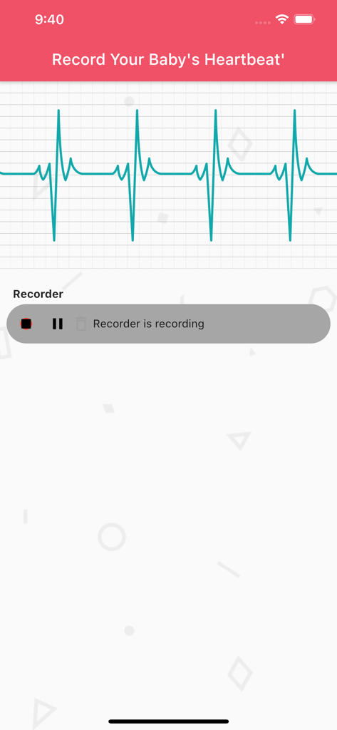 Baby's Heartbeat Backup - Interface of the Baby's Heartbeat Backup app showing a heartbeat waveform during a recording session