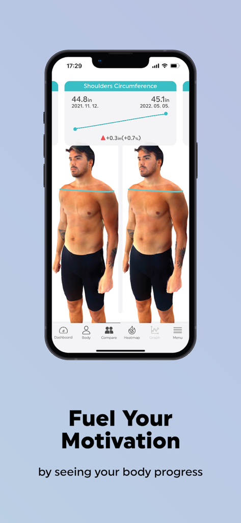 Side by side 3D body scan comparison showing shoulder circumference changes over time