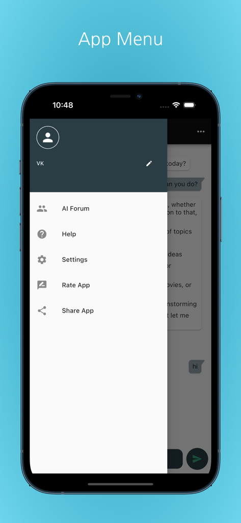 Interface showing the navigation menu of the Pocket AI chatbot app with settings and forum links