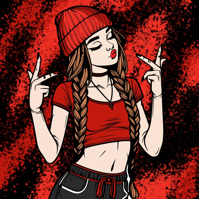 realistic teenage girl with braids and a beanie and crop top doing 🫶🏼