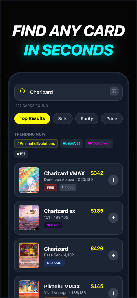 TCG Card Scanner・Collector - Search results for Charizard cards in the TCG collector app showing market prices