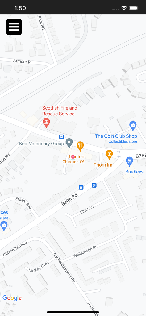 zaks - Google Map view within the Zaks app showing local restaurant locations and delivery areas