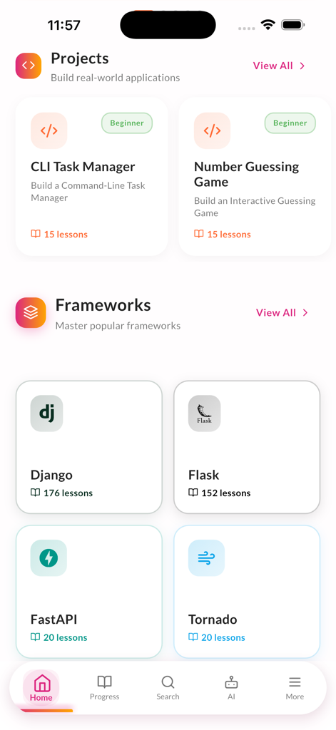 Learn Python Coding with AI - App interface showing sections for building Python projects and mastering popular frameworks like Django and Flask