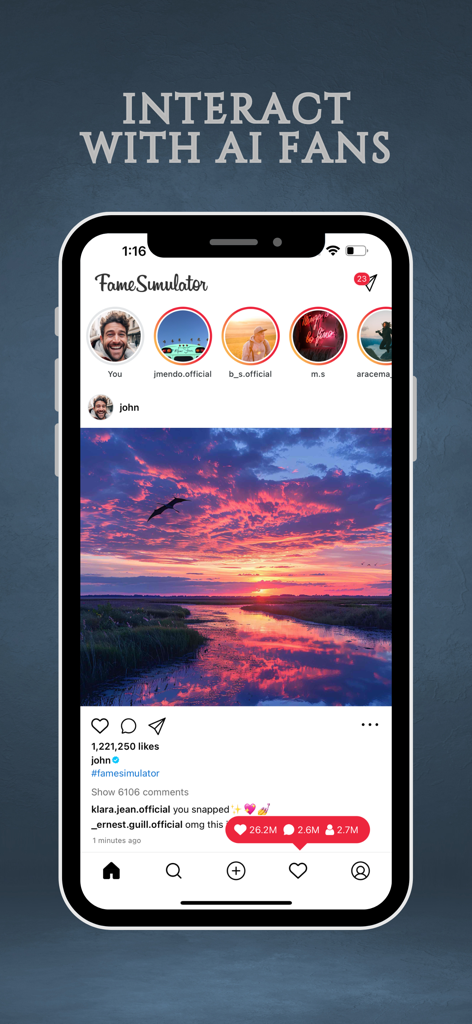 Fame Simulator - Interfaz de la aplicación Fame Simulator que muestra una publicación viral en redes sociales con millones de me gusta y comentarios de fans de IA.