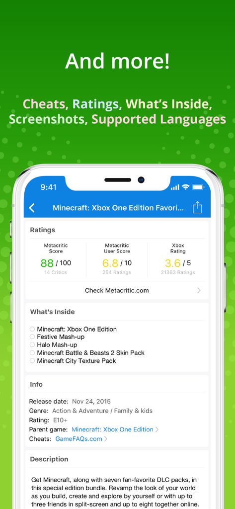 XB Deals - Interfaz de la aplicación XB Deals mostrando clasificaciones de juegos, contenido de paquetes e información técnica para Minecraft