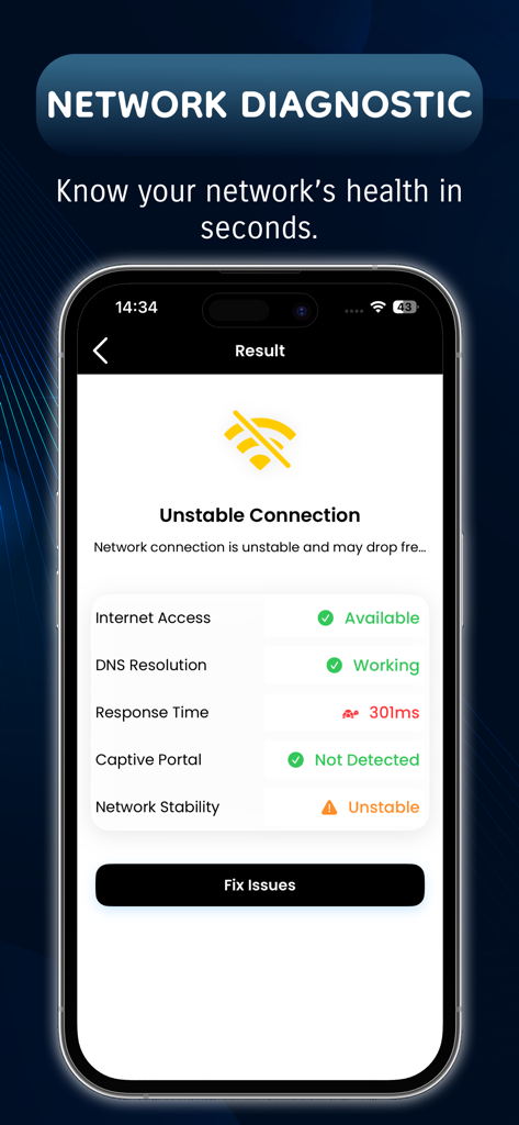 Router Password : WIFI Connect - Pantalla de la aplicación móvil que muestra los resultados de diagnóstico de red para una conexión wifi inestable.