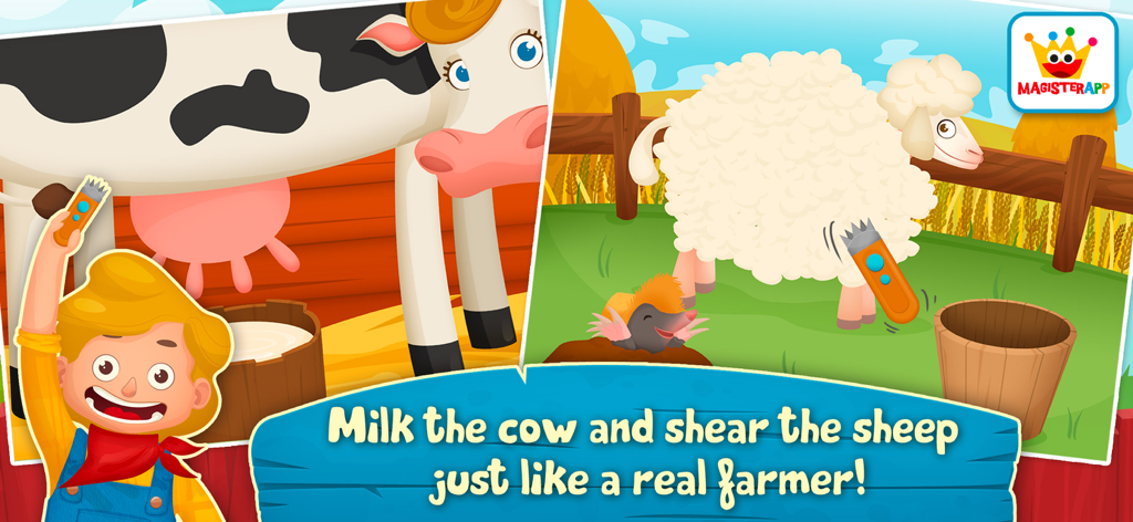 Farm Animal Games for Kids 2-5 - 農場で男の子のキャラクターが牛の乳搾りをし、羊の毛を刈っている幼児向け知育ゲームの様子。