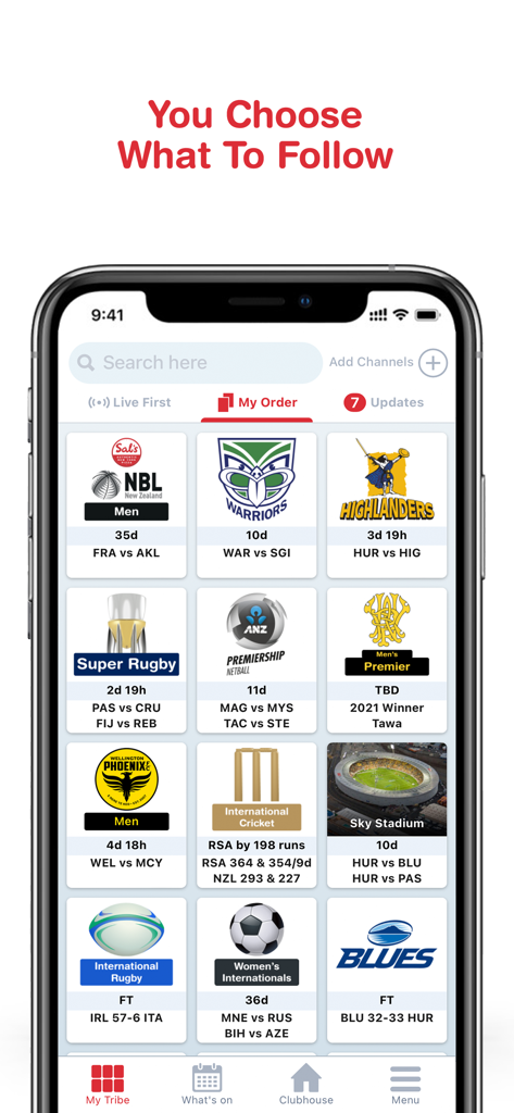 Tribe: Live Sports Scores - Interface de l'application Tribe affichant un tableau de bord personnalisé avec les scores en direct et les matchs à venir pour le rugby international, le cricket et le football.