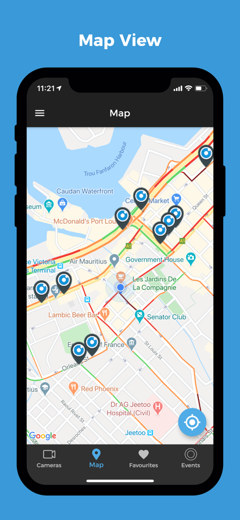 Map view of the myt traffic watch app showing traffic camera icons in Port Louis Mauritius