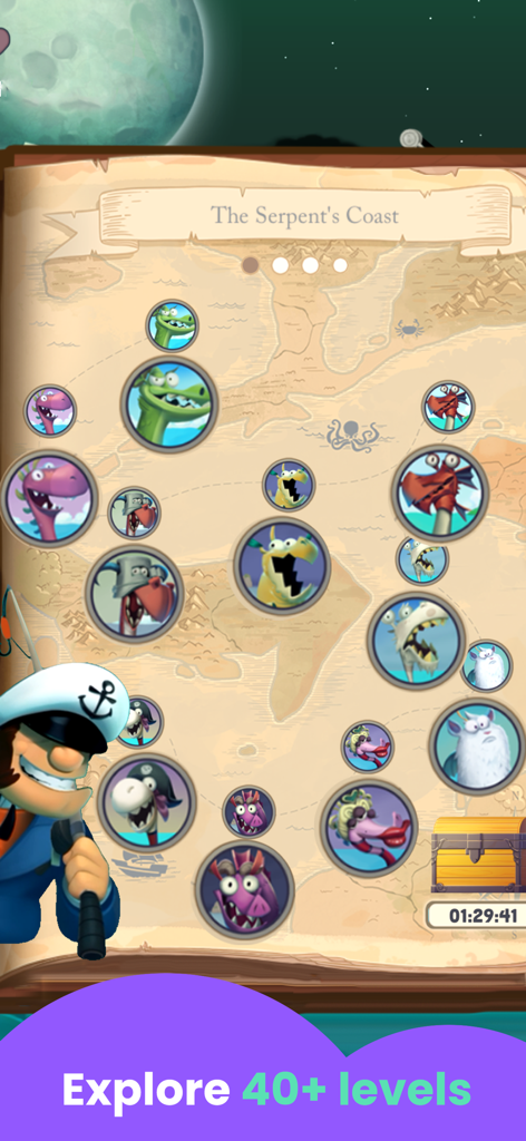 Sea Monster Fishing Games - Map of the Serpents Coast showing different sea monster levels in the Sea Monster Fishing Games app