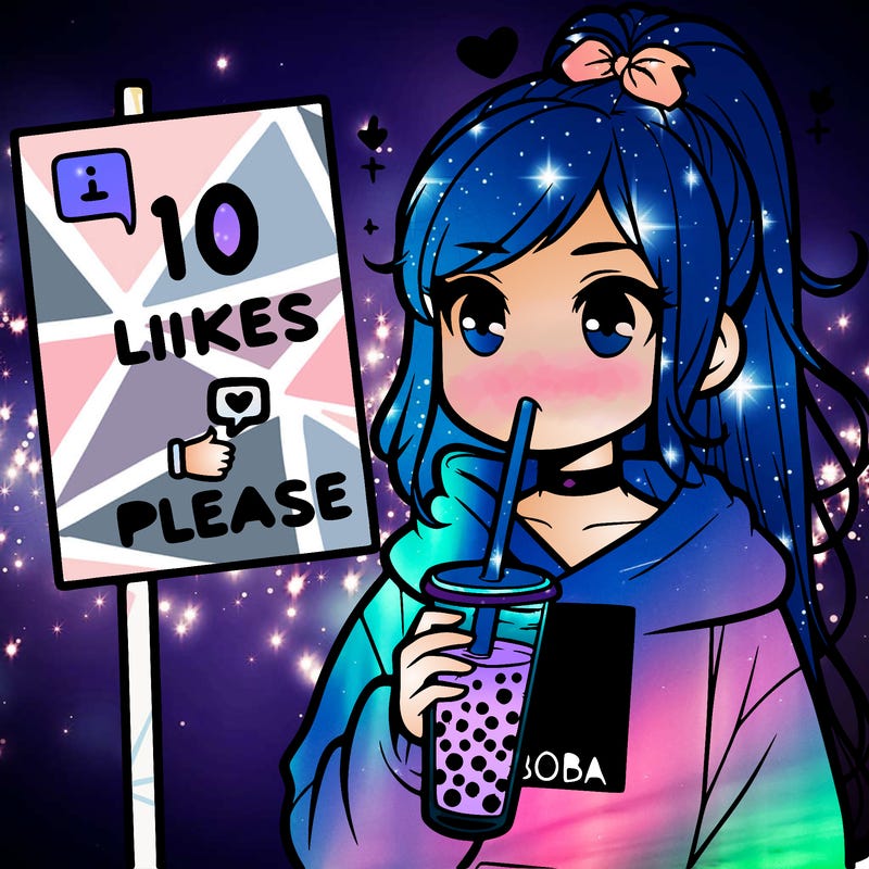 girl with a high ponytail and a hoodie drinking boba staring at a sign saying 10 likes please