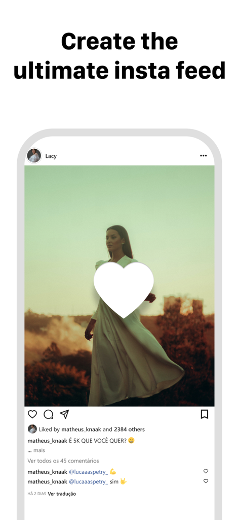 Feed Preview: Ig Grid Layout - 見出し「究極のインスタフィードを作成する」が付いた魅力的なInstagram投稿モックアップを示すスマートフォンのディスプレイ