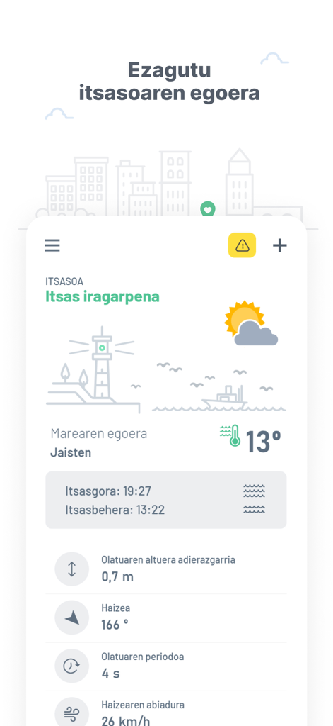 Pantalla de pronóstico marítimo de la aplicación móvil Euskalmet, mostrando horarios de mareas, altura de olas y condiciones de viento para la costa vasca.