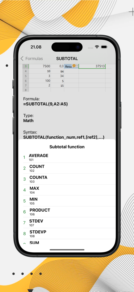 Excel Formulas Complete - Visualización en la aplicación móvil de la sintaxis de la fórmula SUBTOTAL de Excel y una lista de números de función de subtotal para una referencia rápida.