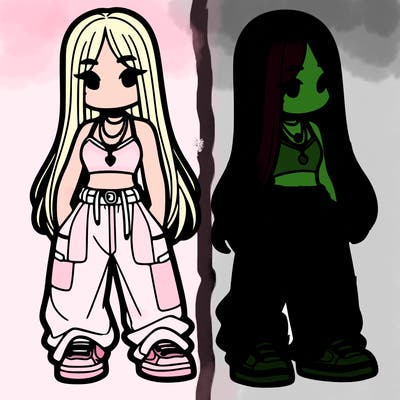 girl in baggy pants crop top and long hair