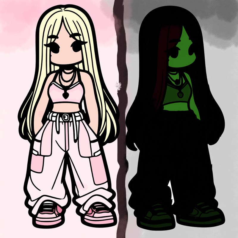 girl in baggy pants crop top and long hair