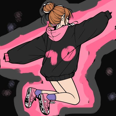 realistic girl jumping with a bun and oversized sweatshirt