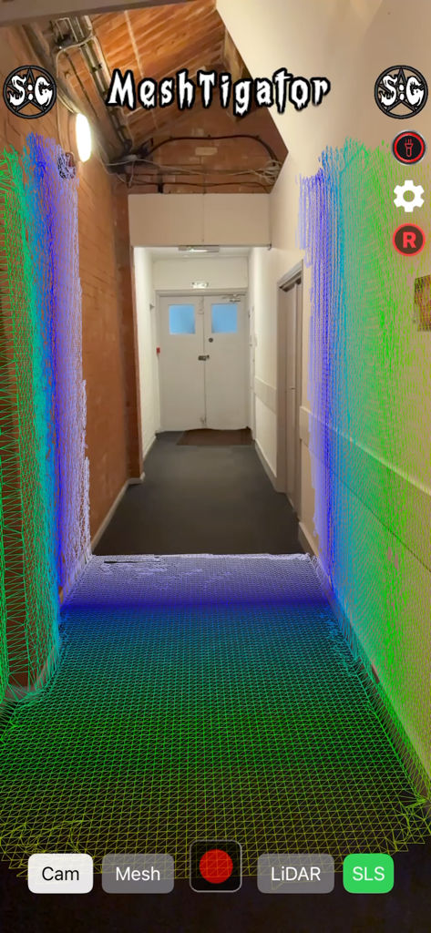MeshTigator - MeshTigator app interface showing a 3D wireframe mesh overlay in a building hallway for paranormal investigation