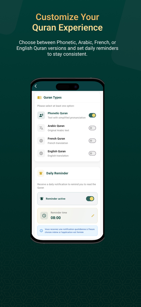 Noor: Phonetic Quran Guide - Interface for selecting phonetic or translated Quran versions and setting daily reading reminders in the Noor app