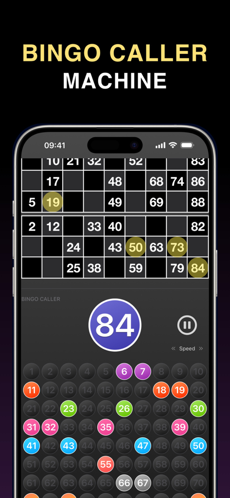 Bingo Caller, Cards & Tickets - Pantalla de máquina llamadora de bingo mostrando el número actual y los números llamados