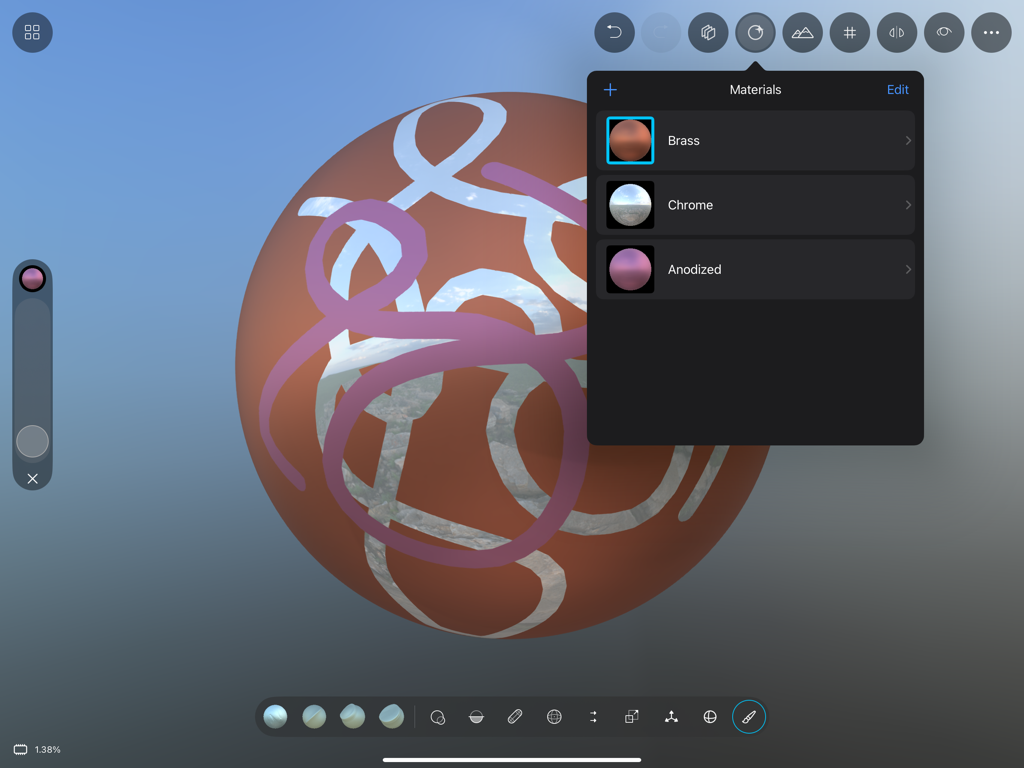 Sculptura 2 - Sculptura 2 interface showing 3D sculpting tools and the materials selection menu on an iPad