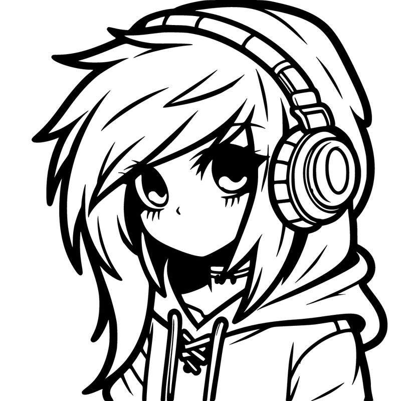 a emo girl with long hair with a hoodie with headphones on