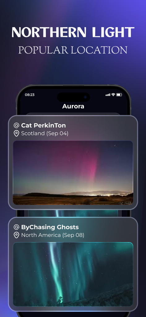 Pantalla de la aplicación móvil mostrando lugares populares para avistar auroras boreales y fotos enviadas por usuarios