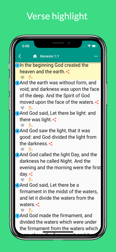 Screenshot of the Word of God Bible app showing the verse highlight feature on Genesis chapter one