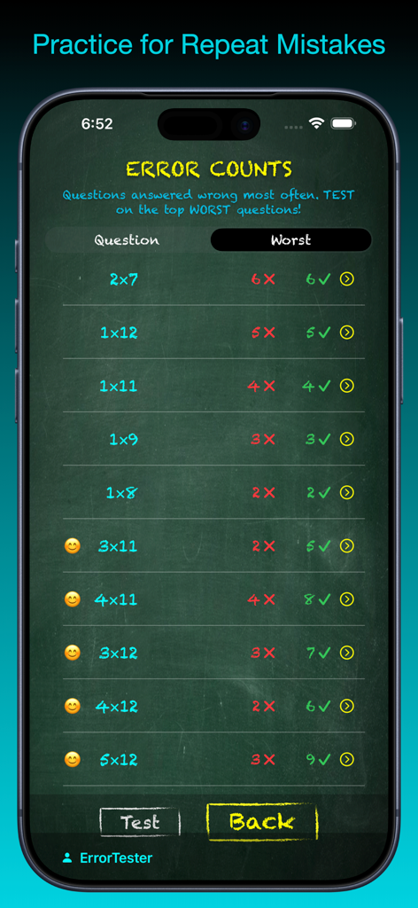 TimesX Times Tables Tester - Multiplication practice screen showing error counts for specific times table problems