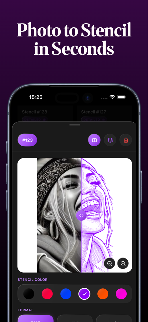 Stencil AI - Tattoo Stencils - A mobile app interface showing a side-by-side comparison of a portrait photo and its generated purple tattoo stencil.
