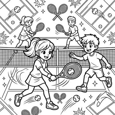 Get ready for an exciting match with our dynamic junior tennis players coloring page! This lively scene captures the energy of young athletes on the court, perfect for sports enthusiasts.
