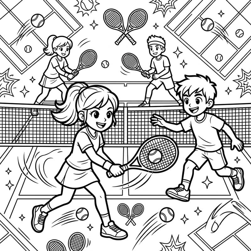 Get ready for an exciting match with our dynamic junior tennis players coloring page! This lively scene captures the energy of young athletes on the court, perfect for sports enthusiasts.