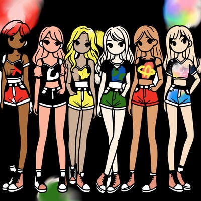 a group of girls wearing crop tops and shorts