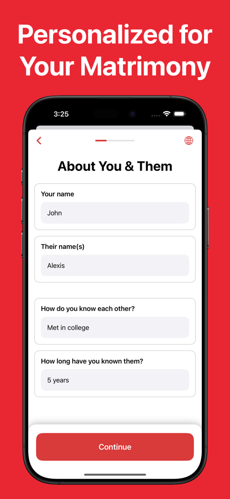 AI Wedding Speech Writer - Una pantalla de aplicación móvil que muestra un formulario para ingresar detalles de la relación para un discurso de boda personalizado.