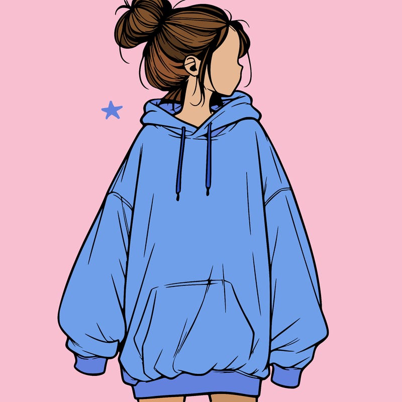 realistic girl with a oversized sweatshirt on and a bun